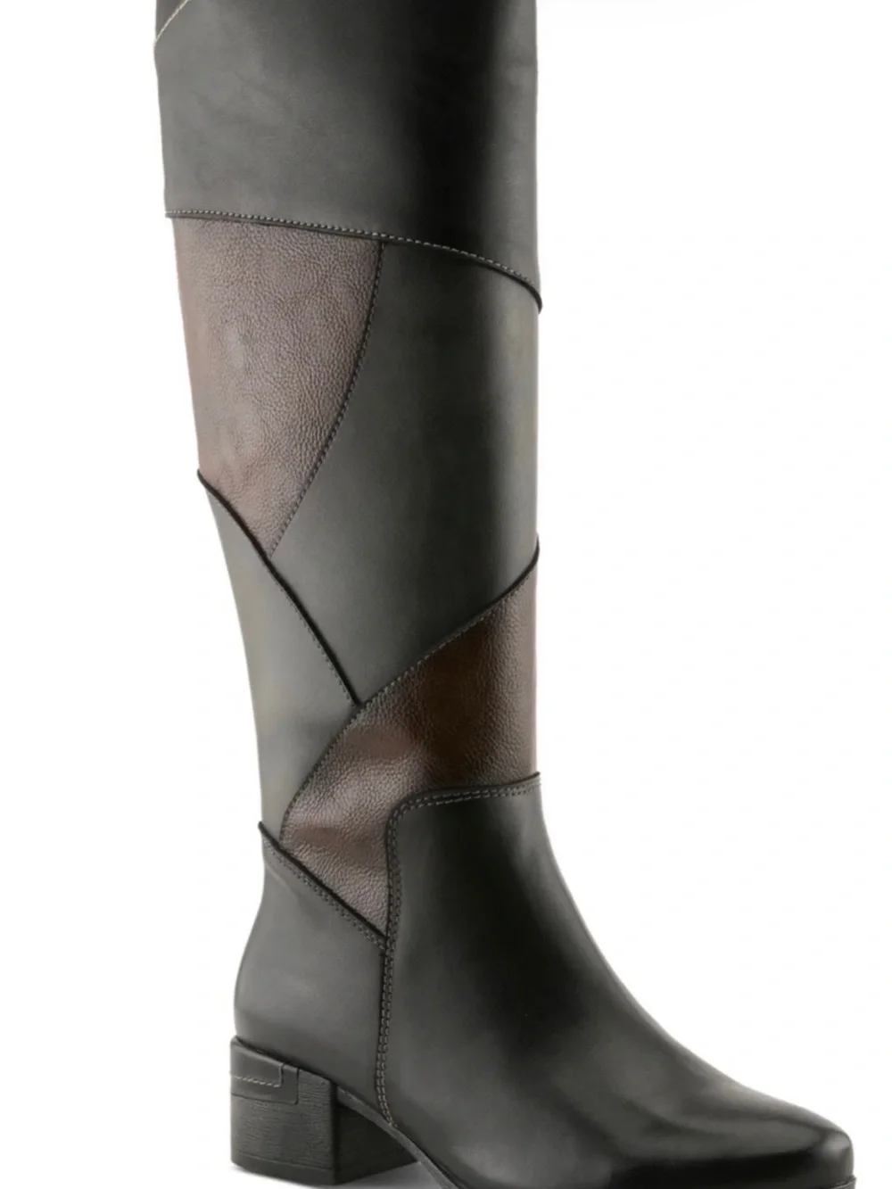 The Spring Step Patchwork Knee-High Leather Boots in Black and Brown, size 39